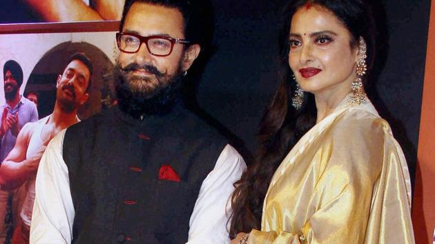 Aamir Khan and Rekha at Dangal success party. (PTI) Aamir Khan and Rekha at Dangal success party. (PTI)