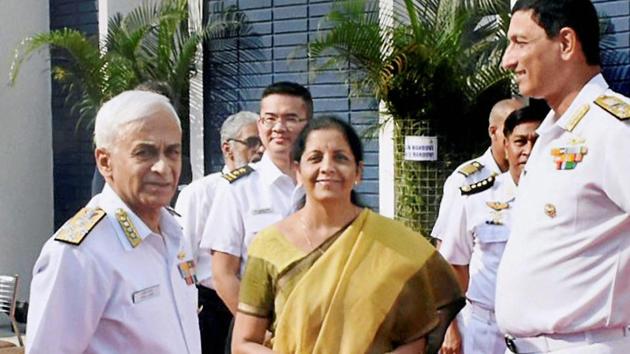 Defence minister Nirmala Sitharaman with Navy chief Sunil Lanba and other officers during the Goa Maritime Conclave - 2017 at Dabolim on Wednesday. (PTI) Defence minister Nirmala Sitharaman with Navy chief Sunil Lanba and other officers during the Goa Maritime Conclave - 2017 at Dabolim on Wednesday. (PTI)