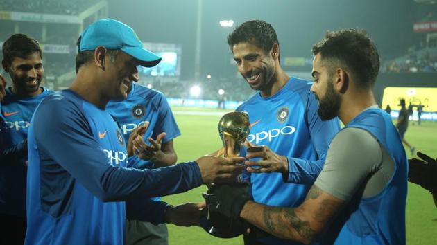 However, all eyes were on Ashish Nehra as he was felicitated by the Indian cricket team ahead of his final cricket match. (BCCI) However, all eyes were on Ashish Nehra as he was felicitated by the Indian cricket team ahead of his final cricket match. (BCCI)
