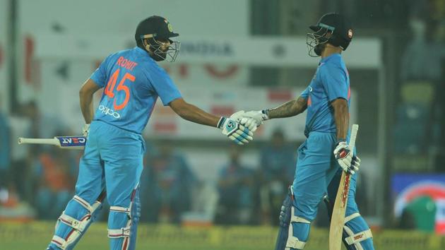 Shikhar Dhawan was joined by Rohit Sharma, who after a slow start, batted with much more freedom and confidence to slam his 12th fifty. (BCCI) Shikhar Dhawan was joined by Rohit Sharma, who after a slow start, batted with much more freedom and confidence to slam his 12th fifty. (BCCI)