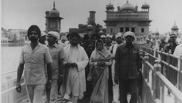 Then Prime Minister Indira Gandhi comes out after offering prayers at Harmandir Sahib in Amritsar. (HT file photo) Then Prime Minister Indira Gandhi comes out after offering prayers at Harmandir Sahib in Amritsar. (HT file photo)