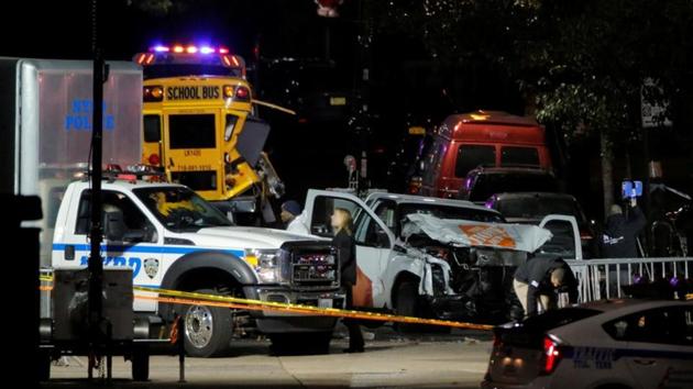 Police investigate a pickup truck used in an attack in Manhattan in New York. (REUTERS) Police investigate a pickup truck used in an attack in Manhattan in New York. (REUTERS)