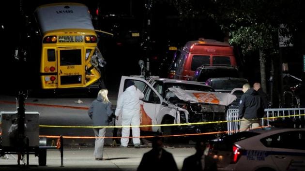 Police investigate a pickup truck used in an attack on the West Side Highway in Manhattan, New York, US, on November 1. (REUTERS) Police investigate a pickup truck used in an attack on the West Side Highway in Manhattan, New York, US, on November 1. (REUTERS)