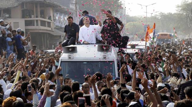 Congress vice-president Rahul Gandhi during a road show in Gujarat’s Bharuch district on Wednesday.(PTI)