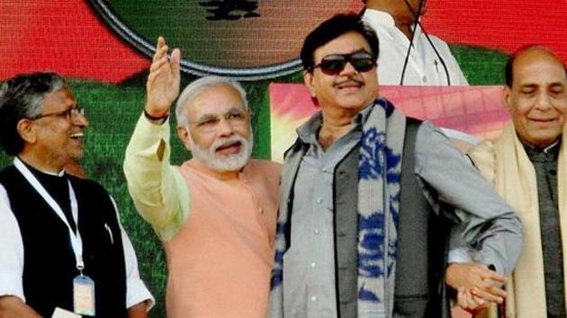 File photo of BJP MP Shatrughan Sinha with Prime Minister Narendra Modi, home minister Rajnath Singh and Bihar BJP leader Sushil Kumar Modi at a rally in Patna. (PTI) File photo of BJP MP Shatrughan Sinha with Prime Minister Narendra Modi, home minister Rajnath Singh and Bihar BJP leader Sushil Kumar Modi at a rally in Patna. (PTI)