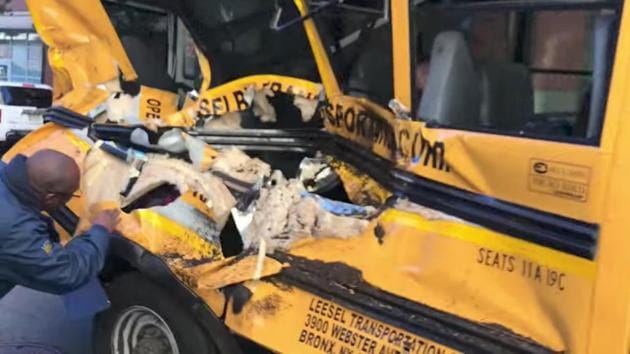 A damaged school bus is seen at the scene of a pickup truck attack in Manhattan. The driver barreled along the bike path in a rented Home Depot truck for the equivalent of about 14 blocks, or 1.2 km, before slamming into a small yellow school bus. The mayhem and police gunfire set off panic in the neighborhood. (Sebastian Sobczak / REUTERS) A damaged school bus is seen at the scene of a pickup truck attack in Manhattan. The driver barreled along the bike path in a rented Home Depot truck for the equivalent of about 14 blocks, or 1.2 km, before slamming into a small yellow school bus. The mayhem and police gunfire set off panic in the neighborhood. (Sebastian Sobczak / REUTERS)