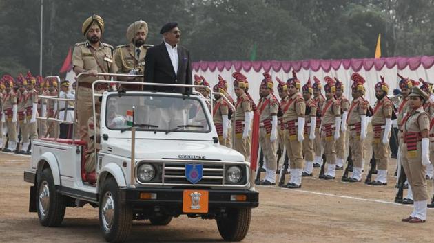 Chandigarh administrator VP Bandore along with IG Tejinder Singh Luthra during Chandigarh Police Raising Day parade at police lines in Sector 26, Chandigarh, on Wednesday. (Karun Sharma/HT) Chandigarh administrator VP Bandore along with IG Tejinder Singh Luthra during Chandigarh Police Raising Day parade at police lines in Sector 26, Chandigarh, on Wednesday. (Karun Sharma/HT)