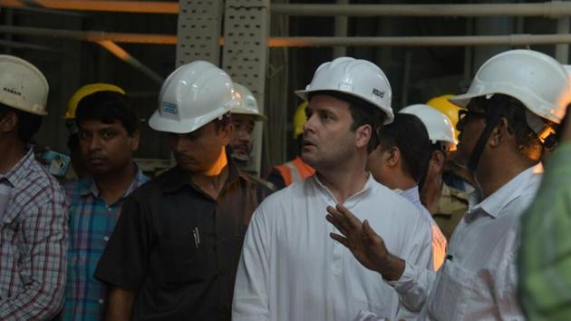 Congress vice-president Rahul Gandhi at the NTPC blast site in Rae Bareli on Thursday.(Deepak Gupta/HT Photo)