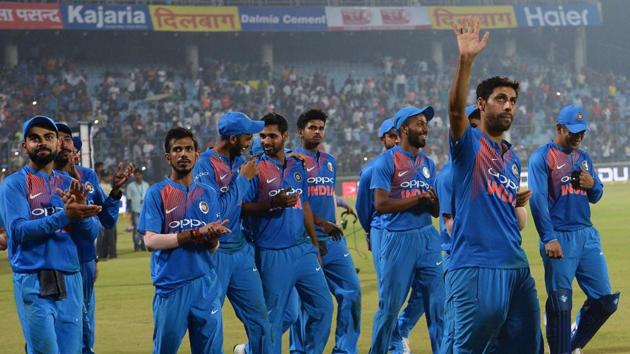 Ashish Nehra was cheered wildly by the fans at The Kotla who had come in massive numbers.  (AFP) 