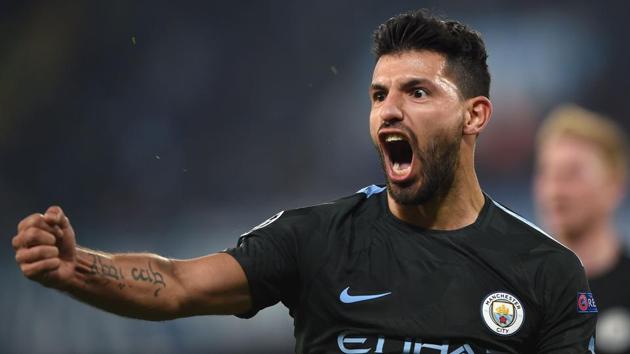 Manchester City's Sergio Aguero celebrates after scoring during the UEFA Champions League match. That goal saw Sergio Aguero become the highest goal-scorer in Man City history with 178 goals. (AFP) Manchester City's Sergio Aguero celebrates after scoring during the UEFA Champions League match. That goal saw Sergio Aguero become the highest goal-scorer in Man City history with 178 goals. (AFP)