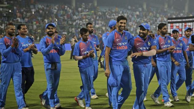 The Indian cricket team joined Nehra in the celebrations after winning by 53 runs against New Zealand.  (AP) 