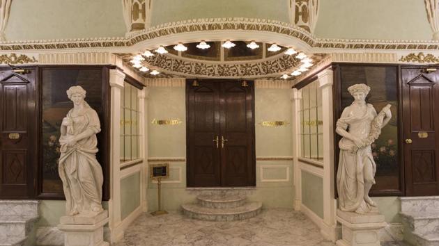 Beautiful murals grace the interior of the Royal Opera House. Honorary director of the heritage site, Ashish Doshi, said they had taken up a challenge when they decided to restore the place, but pictures taken by an Australian journalist in 1914 helped them replicate the structure in toto. (Aalok Soni / HT Photo) 