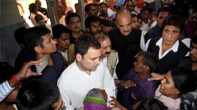 Congress vice-president Rahul Gandhi meets with the family members of victims of Unchahar NTPC boiler blast in Rae Bareli on Thursday.(PTI) Congress vice-president Rahul Gandhi meets with the family members of victims of Unchahar NTPC boiler blast in Rae Bareli on Thursday.(PTI)