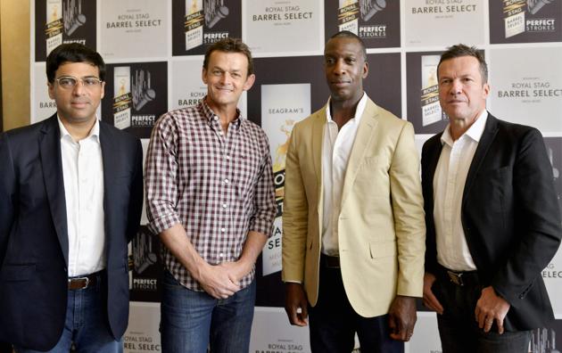 Vishwanathan Anand, Adam Gilchrist, Michael Johnson and Lothar Matthaus pose before a media interaction in New Delhi on Thursday. (PTI) Vishwanathan Anand, Adam Gilchrist, Michael Johnson and Lothar Matthaus pose before a media interaction in New Delhi on Thursday. (PTI)