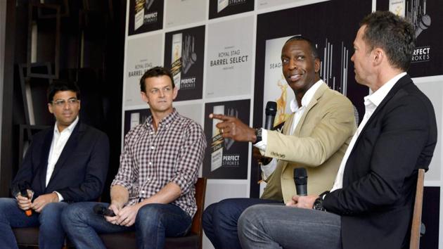 (L-R) Vishwanathan Anand, Adam Gilchrist, Michael Johnson and Lothar Matthaus interact with the media in New Delhi on Thursday. (PTI) (L-R) Vishwanathan Anand, Adam Gilchrist, Michael Johnson and Lothar Matthaus interact with the media in New Delhi on Thursday. (PTI)