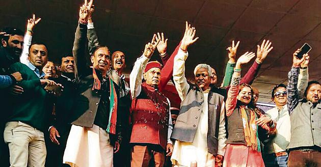 BJP’s CM face Prem Kumar Dhumal addressing an election rally in Kotkhai in Shimla. (HT Photo) BJP’s CM face Prem Kumar Dhumal addressing an election rally in Kotkhai in Shimla. (HT Photo)