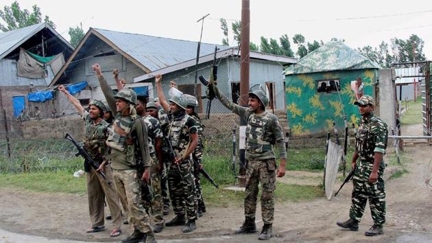 Security personnel celebrate after killing four militants who attacked a CRPF camp at Sumbal in Bandipora district of north Kashmir. (PTI File Photo) Security personnel celebrate after killing four militants who attacked a CRPF camp at Sumbal in Bandipora district of north Kashmir. (PTI File Photo)