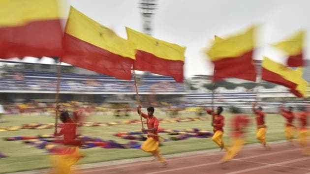 Students take part in the Karnataka Rajyotsava celebration at Kanteerava Stadium in Bengaluru on November 01, 2017. Translated literally into ‘State Festival’, the celebrations mark the date of the erstwhile Mysore state’s expansion in 1956 to include Kannada speaking regions in South India, making what later came to be known as Karnataka. (Arijit Sen / HT Photo)
