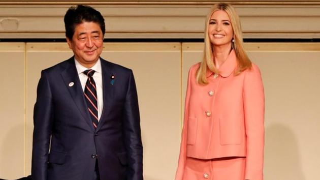 Ivanka Trump, advisor to US President Donald Trump, and Japan’s Prime Minister Shinzo Abe attend a meeting of the World Assembly for Women in Tokyo on Friday. (Reuters Photo)