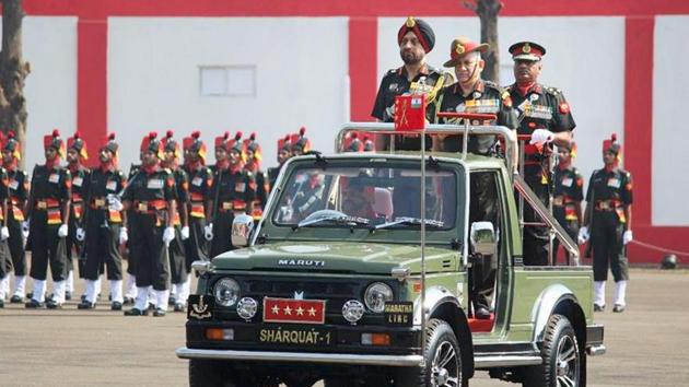 Chief of Army Staff, General Bipin Rawat reviewing the colour presentation parade, at Belgaum, Karnataka on Friday. (PTI Photo) Chief of Army Staff, General Bipin Rawat reviewing the colour presentation parade, at Belgaum, Karnataka on Friday. (PTI Photo)