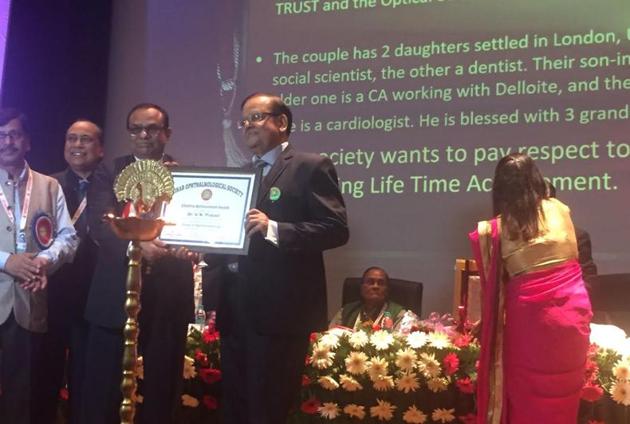 Dr VN Prasad receiving lifetime achievement award at Bihar Opthalmological Society meet in Patna on Saturday.