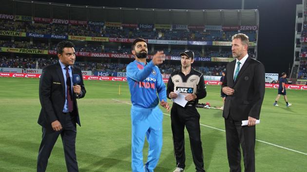 New Zealand won the toss and chose to bat on a flat deck at Rajkot. (BCCI) New Zealand won the toss and chose to bat on a flat deck at Rajkot. (BCCI)