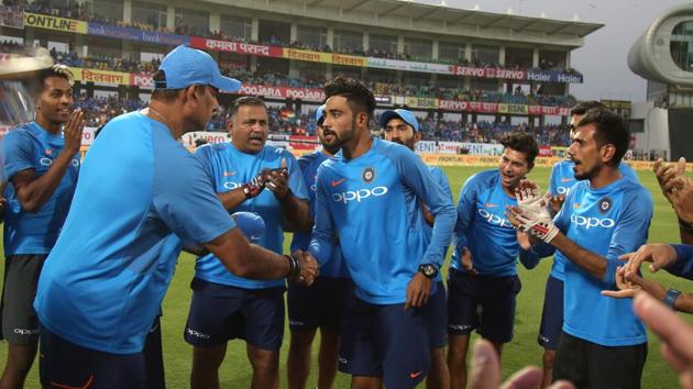 Ahead of the Rajkot Twenty20 International, Virat Kohli’s Indian cricket team handed a debut to Mohammed Siraj. (BCCI) Ahead of the Rajkot Twenty20 International, Virat Kohli’s Indian cricket team handed a debut to Mohammed Siraj. (BCCI)