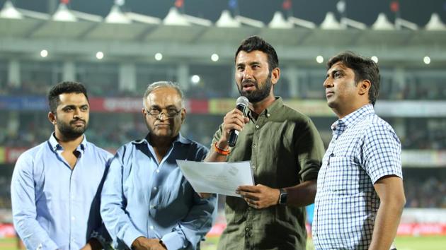 Cheteshwar Pujara was present at the Saurashtra Cricket Assocaition stadium as he pledged to take the oath to vote ahead of the Gujarat elections. (BCCI) Cheteshwar Pujara was present at the Saurashtra Cricket Assocaition stadium as he pledged to take the oath to vote ahead of the Gujarat elections. (BCCI)