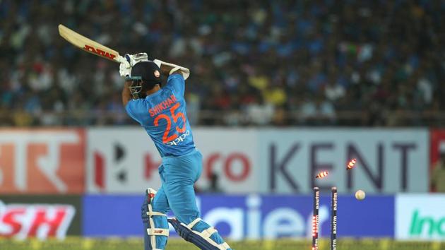 Shikhar Dhawan, who had smashed 80 in the Delhi Twenty20, was cleaned up by Trent Boult as India made a bad start. (BCCI) Shikhar Dhawan, who had smashed 80 in the Delhi Twenty20, was cleaned up by Trent Boult as India made a bad start. (BCCI)