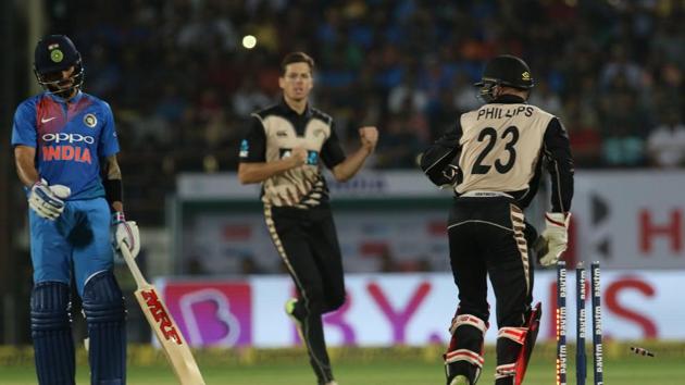 Mitchell Santner snapped up the vital wicket of Kohli as India’s batting fell apart. (BCCI) Mitchell Santner snapped up the vital wicket of Kohli as India’s batting fell apart. (BCCI)