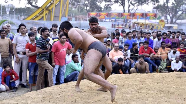 A mud wrestling bout takes place near Hauz-i-Shamsi during Phool Walon ki Sair festivities on November 01, 2017 in New Delhi. With the fall of the Mughal empire in 1857, the Sair was also stopped. It was restored later by the British but halted again during the Quit India Movement in 1942 to prevent mass gatherings. Jawaharlal Nehru in 1962 initiated the festival’s revival as a symbol of secular, modern India. (Arun Sharma / HT Photo) A mud wrestling bout takes place near Hauz-i-Shamsi during Phool Walon ki Sair festivities on November 01, 2017 in New Delhi. With the fall of the Mughal empire in 1857, the Sair was also stopped. It was restored later by the British but halted again during the Quit India Movement in 1942 to prevent mass gatherings. Jawaharlal Nehru in 1962 initiated the festival’s revival as a symbol of secular, modern India. (Arun Sharma / HT Photo)