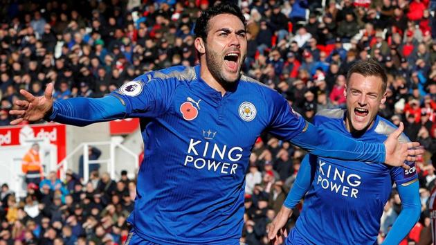 Leicester City's Vicente Iborra celebrates scoring their first goal with Jamie Vardy against Stoke City.(REUTERS)