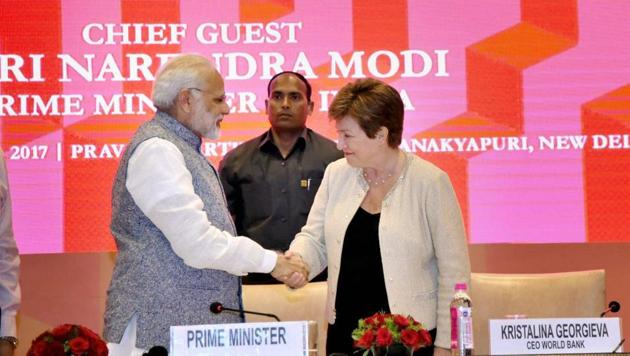Prime Minister Narendra Modi shakes hands World Bank CEO Kristalina Georgieva at a session on India’s Business Reforms, at the Pravasi Bhartiya Kendra in New Delhi on Saturday. (PTI Photo) Prime Minister Narendra Modi shakes hands World Bank CEO Kristalina Georgieva at a session on India’s Business Reforms, at the Pravasi Bhartiya Kendra in New Delhi on Saturday. (PTI Photo)