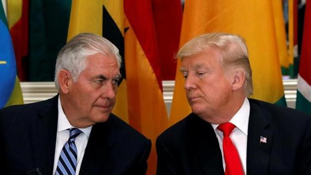 File photo of US President Donald Trump and secretary of state Rex Tillerson conferring during a working lunch with African leaders during the UN General Assembly in New York on September 20, 2017. (Reuters) File photo of US President Donald Trump and secretary of state Rex Tillerson conferring during a working lunch with African leaders during the UN General Assembly in New York on September 20, 2017. (Reuters)