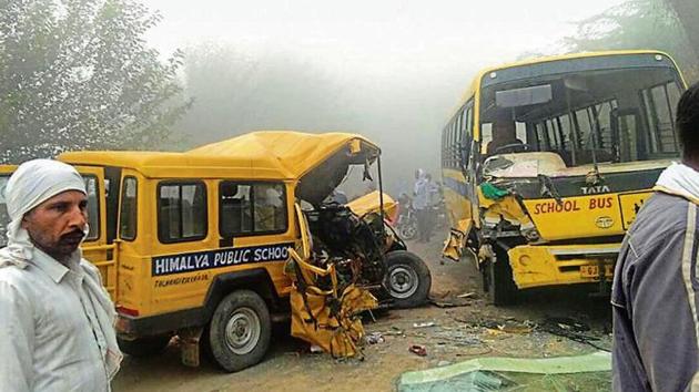 The vehicles of two schools which collided in Hisar district on Saturday. (Manoj Dhaka/HT) The vehicles of two schools which collided in Hisar district on Saturday. (Manoj Dhaka/HT)