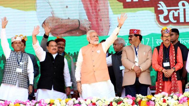 At a Himachal Pradesh election rally, Prime Minister Narendra Modi waves at a crowd in Kullu. (Aqil Khan/HT Photo) At a Himachal Pradesh election rally, Prime Minister Narendra Modi waves at a crowd in Kullu. (Aqil Khan/HT Photo)
