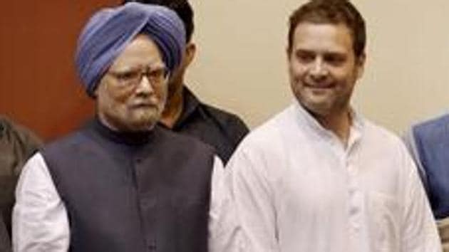 Former prime minister Manmohan Singh and Congress vice president Rahul Gandhi at an event in New Delhi on Tuesday. (PTI)