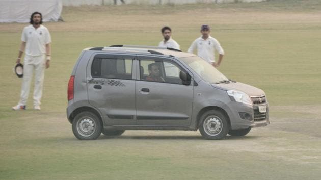 The car was driven into the middle of the ground during the Ranji Trophy game between Delhi and Uttar Pradesh. (Kamesh Srinivsan/The Hindu) The car was driven into the middle of the ground during the Ranji Trophy game between Delhi and Uttar Pradesh. (Kamesh Srinivsan/The Hindu)