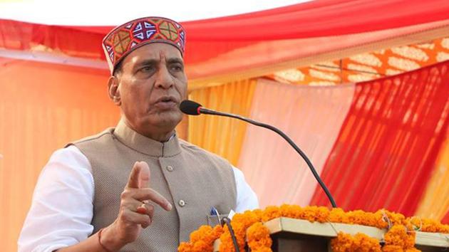 Home minister Rajnath Singh addressing a public meeting at Arki, Shimla on Monday. (HT Photo) Home minister Rajnath Singh addressing a public meeting at Arki, Shimla on Monday. (HT Photo)