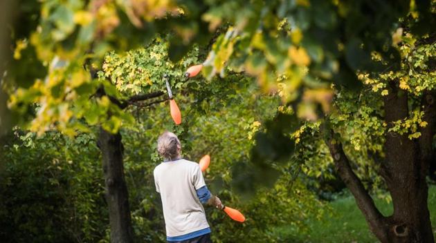 A man juggles between autumnally coloured trees at the Guenthersburg park in Frankfurt am Main, Germany. (Frank Rumpenhorst / AFP) A man juggles between autumnally coloured trees at the Guenthersburg park in Frankfurt am Main, Germany. (Frank Rumpenhorst / AFP)