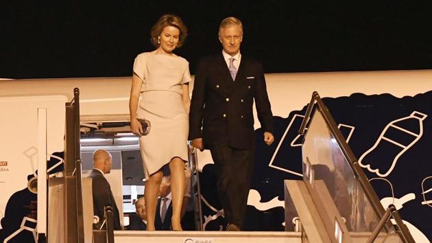 This handout photograph released by the ministry of external affairs shows Belgium's King Philippe and Queen Mathilde arriving in New Delhi on Sunday.(AFP)