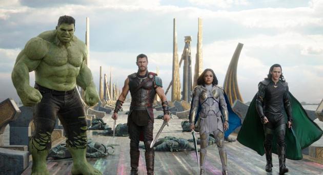 This image released by Marvel Studios shows the Hulk, from left, Chris Hemsworth as Thor, Tessa Thompson as Valkyrie and Tom Hiddleston as Loki in a scene from, Thor: Ragnarok. (AP) This image released by Marvel Studios shows the Hulk, from left, Chris Hemsworth as Thor, Tessa Thompson as Valkyrie and Tom Hiddleston as Loki in a scene from, Thor: Ragnarok. (AP)