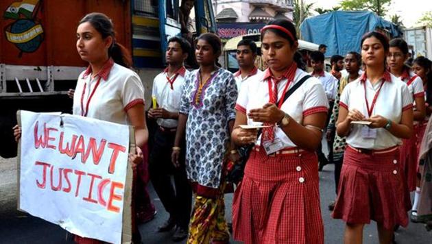 Students from the Convent of Jesus and Mary in Ranaghat protest after the rape of a 71-year-old nun at the convent. AFP FILE Photo