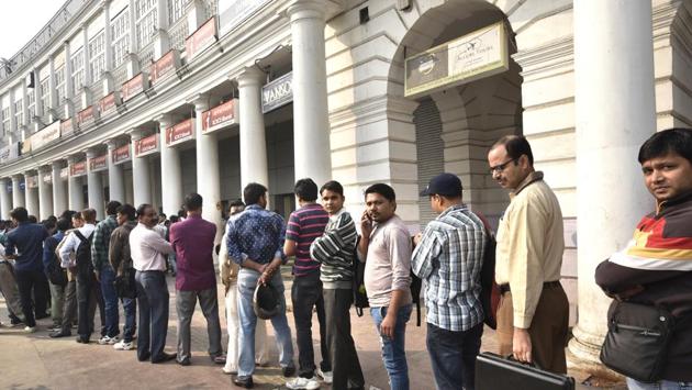 Connaught Place has several bank and ATM branches, yet there was no respite from serpent-like queues last November. Demonetisation was projected as part of a broader push to promote digitization and non-cash payments. (Arvind Yadav / HT Photo) Connaught Place has several bank and ATM branches, yet there was no respite from serpent-like queues last November. Demonetisation was projected as part of a broader push to promote digitization and non-cash payments. (Arvind Yadav / HT Photo)