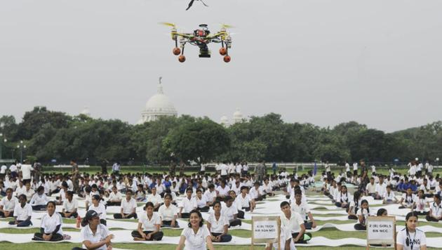 A drone employed to keep a watch over NCC cadets and school children during a yoga session on the third International Yoga Day at Kolkata Maidan earlier this year. (Samir Jana/HT Photo) A drone employed to keep a watch over NCC cadets and school children during a yoga session on the third International Yoga Day at Kolkata Maidan earlier this year. (Samir Jana/HT Photo)