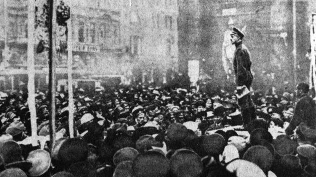A huge crowd convenes at a revolutionary meeting in St Petersburg during the Russian Revolution in 1917. Anti-war and anti Provisional Government rallies across the state gained momentum in this period. (Hulton Archive / Getty Images)