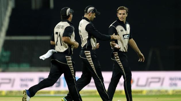 Tim Southee wrecked the Indian top order in his first over, dismissing openers Shikhar Dhawan and Rohit Sharma off successive deliveries with Mitchell Santner taking both catches. (AP)