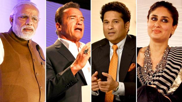 Speakers at the Hindustan Times Leadership Summit -- Prime Minister Narendra Modi, Hollywood actor Arnold Schwarzenegger, former cricketer Sachin Tendulkar and Bollywood star Kareena Kapoor Khan . (HT File Photo)