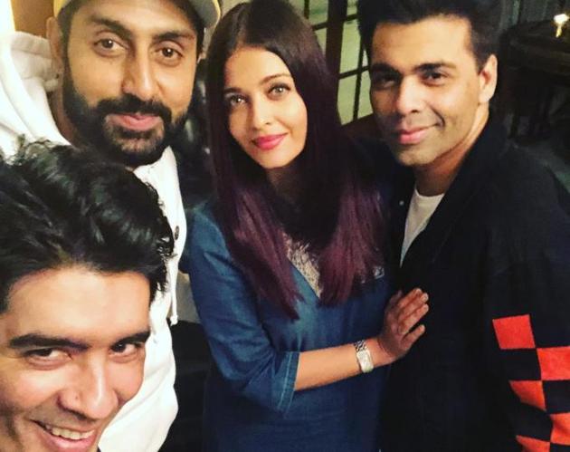 Manish Malhotra, Abhishek Bachchan, Aishwarya Rai and Karan Johar at the designer’s party. (Instagram) Manish Malhotra, Abhishek Bachchan, Aishwarya Rai and Karan Johar at the designer’s party. (Instagram)