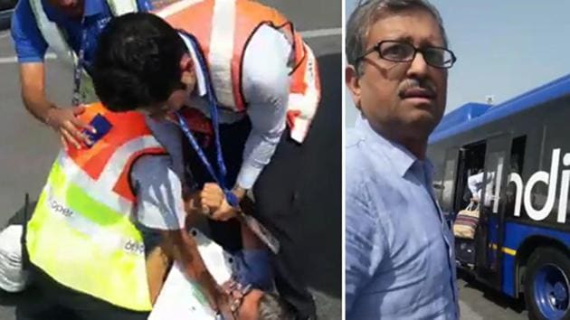 An IndiGo staffer manhandled a passenger at Delhi’s Indira Gandhi International Airport. (Screengrab) An IndiGo staffer manhandled a passenger at Delhi’s Indira Gandhi International Airport. (Screengrab)